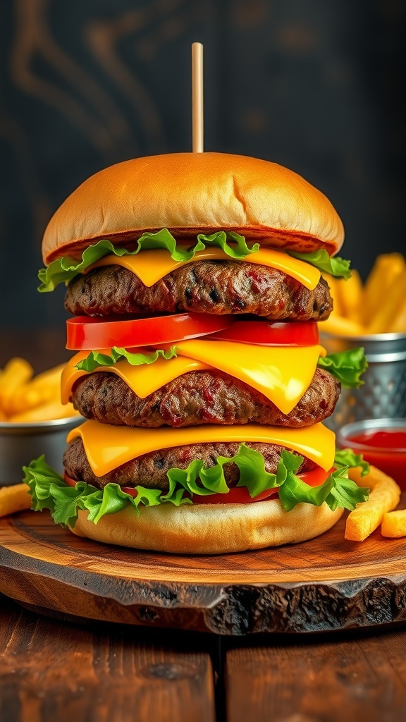 Juicy cheeseburger with melted cheese, lettuce, tomato, and fries on a wooden table.